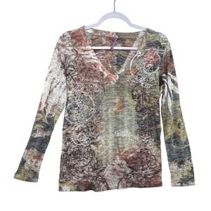 Kiara Womens V-Neck Burnout Thermal Top Rusk Floral Rhinestone Long Sleeve M